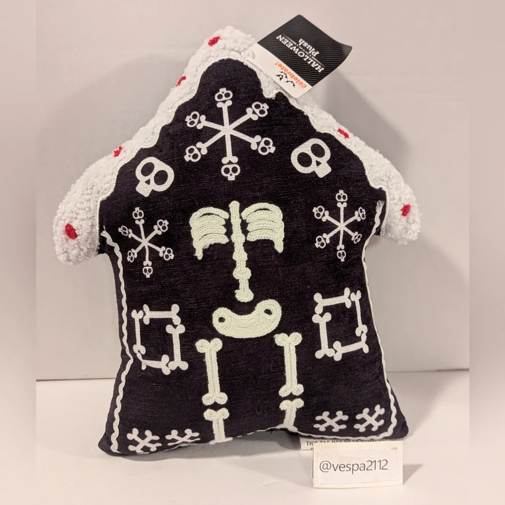 Halloween Plush Skeleton House Pillow - Black & White